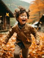 asiatique enfant dans émotif dynamique pose sur l'automne Contexte ai génératif photo