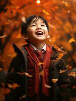 asiatique enfant dans émotif dynamique pose sur l'automne Contexte ai génératif photo