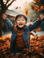 asiatique enfant dans émotif dynamique pose sur l'automne Contexte ai génératif photo