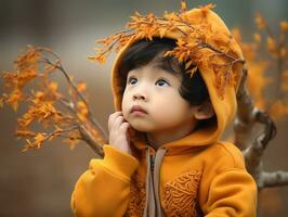 asiatique enfant dans émotif dynamique pose sur l'automne Contexte ai génératif photo