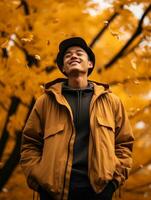 photo de émotif dynamique pose asiatique homme dans l'automne ai génératif