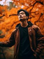 photo de émotif dynamique pose asiatique homme dans l'automne ai génératif