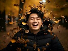 photo de émotif dynamique pose asiatique homme dans l'automne ai génératif