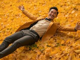 photo de émotif dynamique pose asiatique homme dans l'automne ai génératif