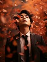 photo de émotif dynamique pose asiatique homme dans l'automne ai génératif