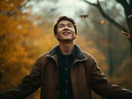 photo de émotif dynamique pose asiatique homme dans l'automne ai génératif