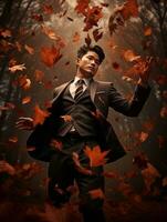 photo de émotif dynamique pose asiatique homme dans l'automne ai génératif