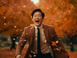 photo de émotif dynamique pose asiatique homme dans l'automne ai génératif