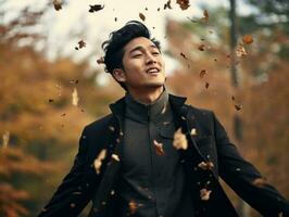 photo de émotif dynamique pose asiatique homme dans l'automne ai génératif