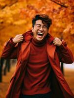 photo de émotif dynamique pose asiatique homme dans l'automne ai génératif