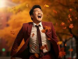 photo de émotif dynamique pose asiatique homme dans l'automne ai génératif