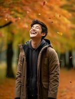 photo de émotif dynamique pose asiatique homme dans l'automne ai génératif