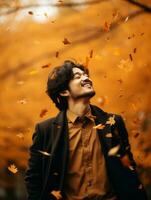 photo de émotif dynamique pose asiatique homme dans l'automne ai génératif