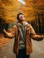 photo de émotif dynamique pose asiatique homme dans l'automne ai génératif