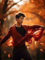 photo de émotif dynamique pose asiatique homme dans l'automne ai génératif