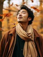 photo de émotif dynamique pose asiatique homme dans l'automne ai génératif