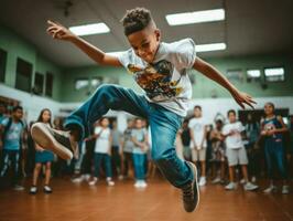 photo de émotif dynamique pose brésilien enfant dans école ai génératif