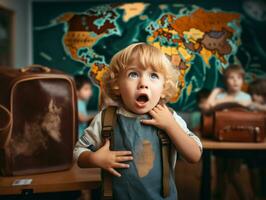 photo de émotif dynamique pose européen enfant dans école ai génératif