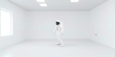 ai généré. ai génératif. astronaute dans blanc vide chambre. minimal espace aventures costume voir. graphique art photo