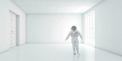 ai généré. ai génératif. astronaute dans blanc vide chambre. minimal espace aventures costume voir. graphique art photo