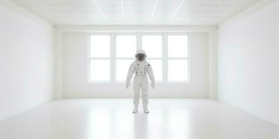 ai généré. ai génératif. astronaute dans blanc vide chambre. minimal espace aventures costume voir. graphique art photo