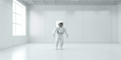 ai généré. ai génératif. astronaute dans blanc vide chambre. minimal espace aventures costume voir. graphique art photo