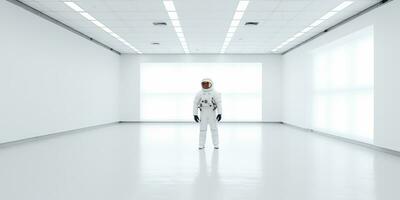 ai généré. ai génératif. astronaute dans blanc vide chambre. minimal espace aventures costume voir. graphique art photo