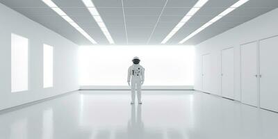 ai généré. ai génératif. astronaute dans blanc vide chambre. minimal espace aventures costume voir. graphique art photo