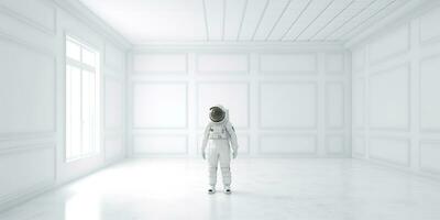 ai généré. ai génératif. astronaute dans blanc vide chambre. minimal espace aventures costume voir. graphique art photo