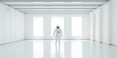 ai généré. ai génératif. astronaute dans blanc vide chambre. minimal espace aventures costume voir. graphique art photo