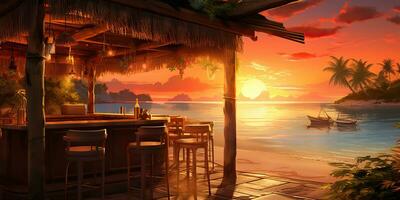 ai généré. ai génératif. vacances plage île le sable mer océan bar pub à le coucher du soleil. nuit fête amusement relaxant ambiance. graphique art photo