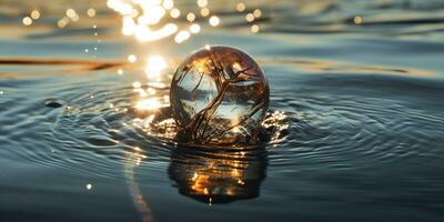 ai généré. ai génératif. verre Balle tomber dans le l'eau avec beaucoup éclaboussure autour. graphique décoration Contexte. graphique art photo