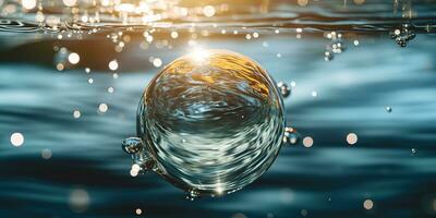 ai généré. ai génératif. verre Balle tomber dans le l'eau avec beaucoup éclaboussure autour. graphique décoration Contexte. graphique art photo