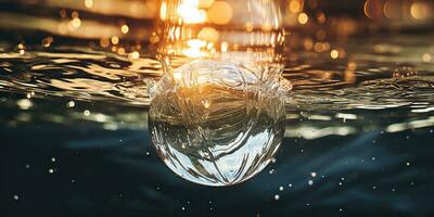 ai généré. ai génératif. verre Balle tomber dans le l'eau avec beaucoup éclaboussure autour. graphique décoration Contexte. graphique art photo