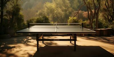 ai généré. ai génératif. Extérieur la nature table tennis ping pong Jeu sport à coucher de soleil. graphique art photo