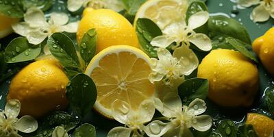 ai généré. ai génératif. la nature Extérieur fleurs avec citron agrumes et l'eau. en bonne santé décoration Contexte. graphique art photo