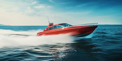 ai généré. ai génératif. vite la vitesse bateau navire yacht dans le ouvert mer océan croisière vacances. graphique art photo