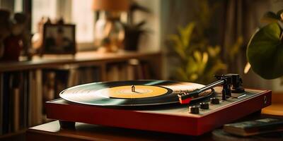 ai généré. ai génératif. rétro ancien antique du son la musique l'audio vinyle joueur record boîte à confortable maison. graphique art photo