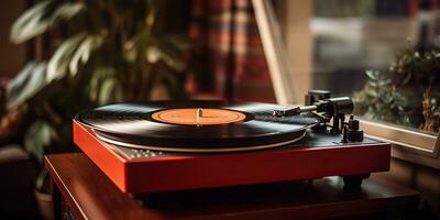 ai généré. ai génératif. rétro ancien antique du son la musique l'audio vinyle joueur record boîte à confortable maison. graphique art photo