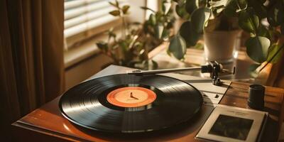 ai généré. ai génératif. rétro ancien antique du son la musique l'audio vinyle joueur record boîte à confortable maison. graphique art photo