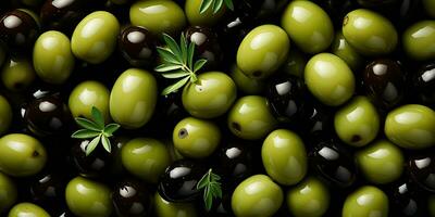 ai généré. ai génératif. noir et vert Olives en bonne santé biologique des légumes mélanger décoration modèle Contexte. graphique art photo