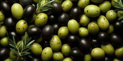 ai généré. ai génératif. noir et vert Olives en bonne santé biologique des légumes mélanger décoration modèle Contexte. graphique art photo