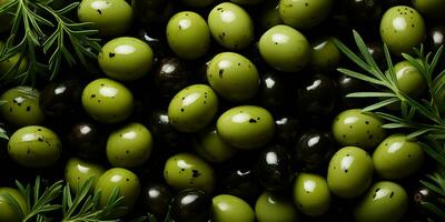 ai généré. ai génératif. noir et vert Olives en bonne santé biologique des légumes mélanger décoration modèle Contexte. graphique art photo