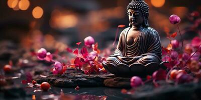 ai généré. ai génératif. culture histoire asiatique Indien religion Bouddha statue figure avec la nature rose les plantes Contexte. calme se détendre l'amour paix interne ambiance. graphique art photo