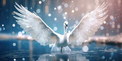 ai généré. ai génératif. hiver neige la glace du froid cygne oiseau. élégance magnifique la nature Extérieur sauvage oiseau art. graphique art photo