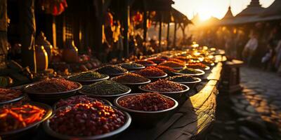 ai généré. ai génératif. traditionnel arabe Indien asiatique Maroc pimenter produits à journée national marché boutique magasin bazar. en bonne santé biologique produit. graphique art photo