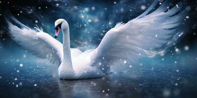 ai généré. ai génératif. hiver neige la glace du froid cygne oiseau. élégance magnifique la nature Extérieur sauvage oiseau art. graphique art photo