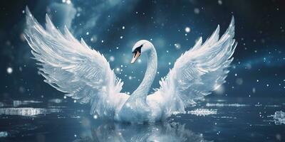 ai généré. ai génératif. hiver neige la glace du froid cygne oiseau. élégance magnifique la nature Extérieur sauvage oiseau art. graphique art photo