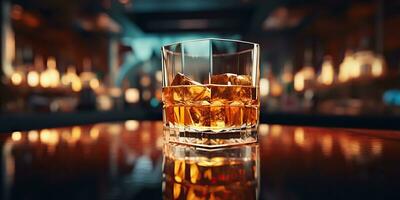 ai généré. ai génératif. classique de l'alcool whisky écossais boisson dans verre avec la glace cubes à bar pub. près club Contexte décoration moquer en haut. graphique art photo