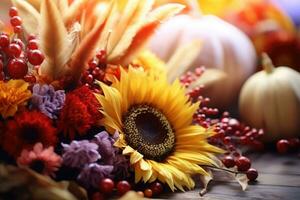 brillant Contexte avec magnifique action de grâces décoration. citrouilles avec des fruits, fleurs, des légumes et feuilles. ai généré photo